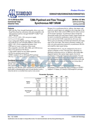 GS8642Z18B-200 datasheet - 72Mb Pipelined and Flow Through Synchronous NBT SRAM