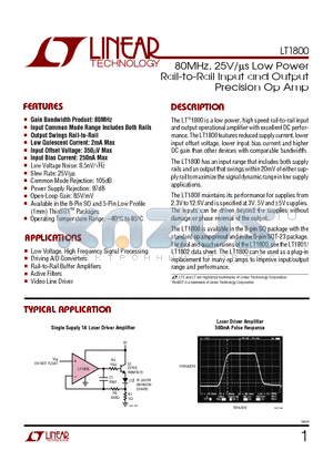 LT1800CS8 datasheet - 80MHz, 25V/ms Low Power Rail-to-Rail Input and Output Precision Op Amp