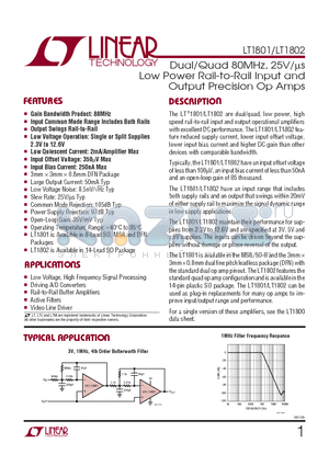 LT1801 datasheet - Dual/Quad 80MHz, 25V/ls Low Power Rail-to-Rail Input and Output Precision Op Amps