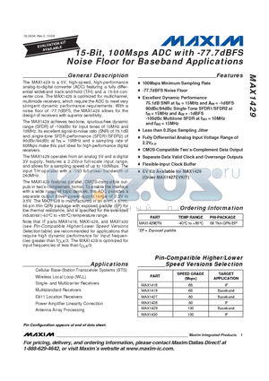 MAX1430 datasheet - 15-Bit, 100Msps ADC with -77.7dBFS Noise Floor for Baseband Applications
