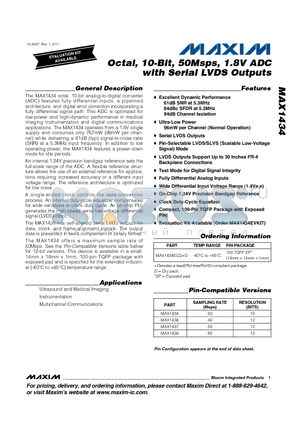 MAX1434 datasheet - Octal, 12-Bit, 50Msps, 1.8V ADC with Serial LVDS Outputs