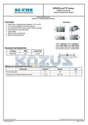 MM3Z12VCW datasheet - 200mW, SOD-323L Surface Mount Zener Diodes