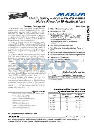 MAX1428ETN datasheet - 15-Bit, 80Msps ADC with -78.4dBFS Noise Floor for IF Applications