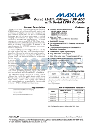 MAX1436 datasheet - Octal, 10-Bit, 50Msps, 1.8V ADC with Serial LVDS Outputs