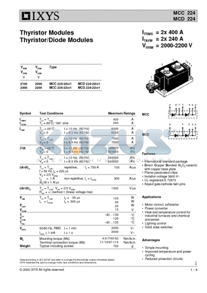 MCC224-20IO1 datasheet - Thyristor Modules Thyristor/Diode Modules