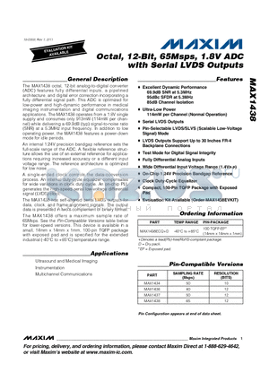 MAX1436 datasheet - Octal, 12-Bit, 65Msps, 1.8V ADC with Serial LVDS Outputs Serial LVDS Outputs