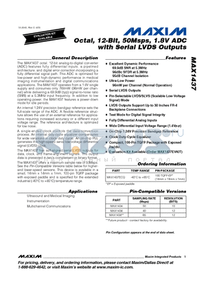 MAX1437 datasheet - Octal, 12-Bit, 50Msps, 1.8V ADC with Serial LVDS Outputs