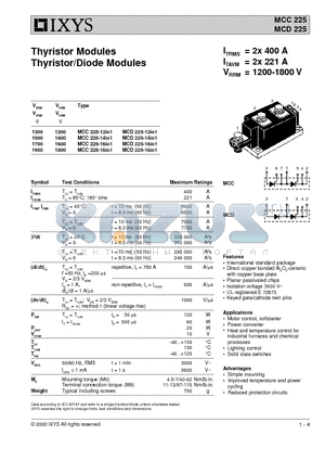 MCC225-14IO1 datasheet - Thyristor Modules Thyristor/Diode Modules