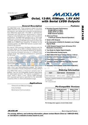 MAX1437 datasheet - Octal, 12-Bit, 65Msps, 1.8V ADC with Serial LVDS Outputs Serial LVDS Outputs