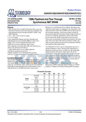 GS8642ZV18B-250 datasheet - 72Mb Pipelined and Flow Through Synchronous NBT SRAM