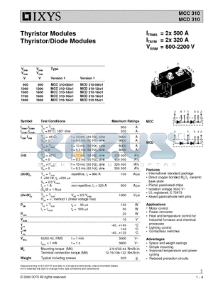 MCC310-16IO1 datasheet - Thyristor Modules Thyristor/Diode Modules