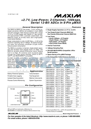 MAX144 datasheet - 2.7V, Low-Power, 2-Channel, 108ksps, Serial 12-Bit ADCs in 8-Pin lMAX