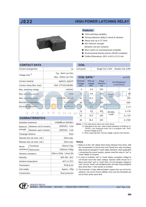 JE22CH1NF11R datasheet - HIGH POWER LATCHING RELAY