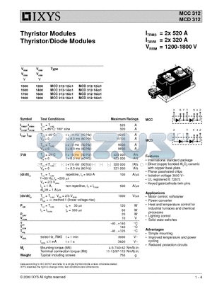 MCC312-18IO1 datasheet - Thyristor Modules Thyristor/Diode Modules