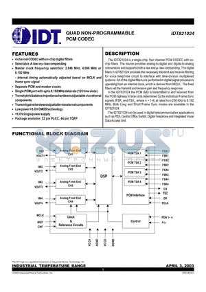 IDT821024 datasheet - QUAD NON-PROGRAMMABLE PCM CODEC
