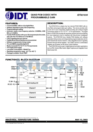 IDT821034 datasheet - QUAD PCM CODEC WITH PROGRAMMABLE GAIN