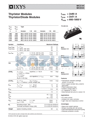 MCC44-12IO8B datasheet - Thyristor Modules Thyristor/Diode Modules