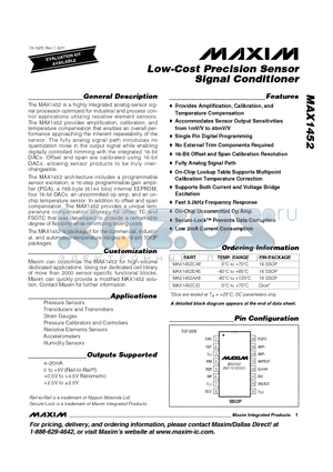 MAX1452 datasheet - Low-Cost Precision Sensor Signal Conditioner