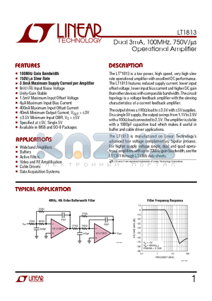 LT1813 datasheet - Dual 3mA, 100MHz, 750V/us Operational Amplifier