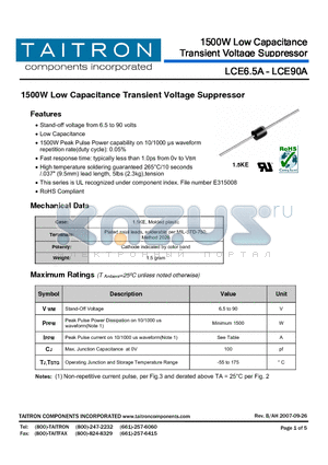 LCE60A datasheet - 1500W Low Capacitance Transient Voltage Suppressor