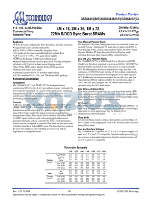 GS864418E-133I datasheet - 4M x 18, 2M x 36, 1M x 72 72Mb S/DCD Sync Burst SRAMs