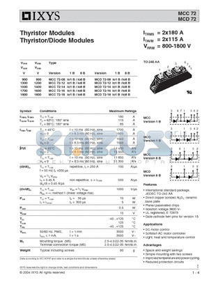 MCC72-08IO1B datasheet - Thyristor Modules Thyristor/Diode Modules