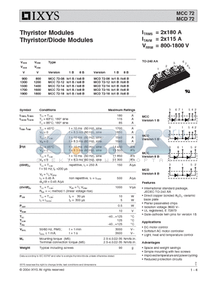 MCC72-08IO8B datasheet - Thyristor Modules Thyristor/Diode Modules