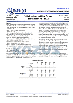 GS8642ZV18GB-167 datasheet - 72Mb Pipelined and Flow Through Synchronous NBT SRAM