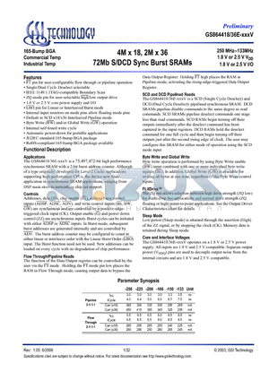 GS864418E-166 datasheet - 4M x 18, 2M x 36 72Mb S/DCD Sync Burst SRAMs