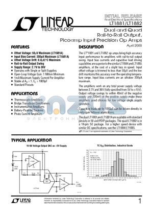 LT1881ACN8 datasheet - Dual and Quad Rail-to-Rail Output, Picoamp Input Precision Op Amps