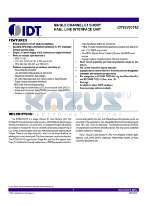 IDT82V2051EPP datasheet - SINGLE CHANNEL E1 SHORT  HAUL LINE INTERFACE UNIT