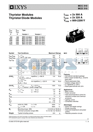 MCD310-08IO1 datasheet - Thyristor Modules Thyristor/Diode Modules