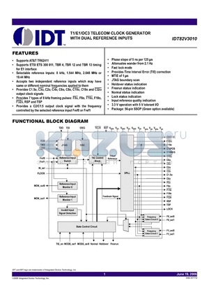 IDT82V3010 datasheet - T1/E1/OC3 TELECOM CLOCK GENERATOR WITH DUAL REFERENCE INPUTS