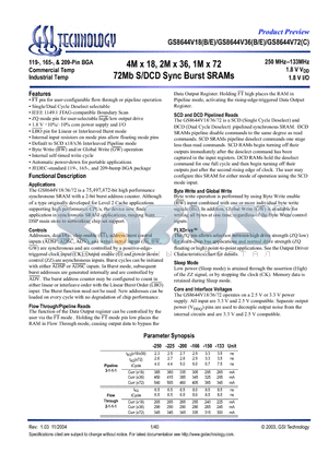 GS8644V18B-225 datasheet - 4M x 18, 2M x 36, 1M x 72 72Mb S/DCD Sync Burst SRAMs