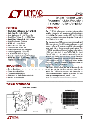 LT1920CN8 datasheet - Single Resistor Gain Programmable, Precision Instrumentation Amplifier