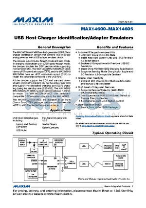 MAX14600 datasheet - USB Host Charger Identification/Adapter Emulators Greater User Flexibility