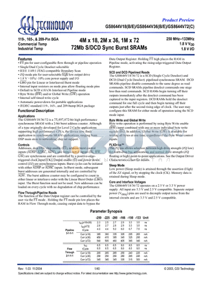 GS8644V18E-166I datasheet - 4M x 18, 2M x 36, 1M x 72 72Mb S/DCD Sync Burst SRAMs