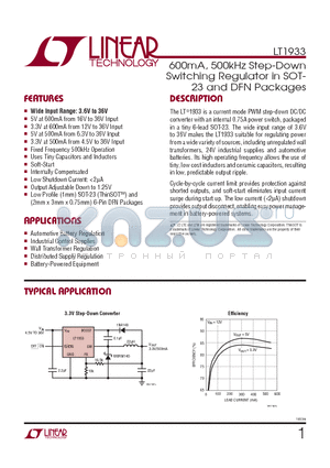 LT1933HS6-TRPBF datasheet - 600mA, 500kHz Step-Down Switching Regulator in SOT-23 and DFN Packages