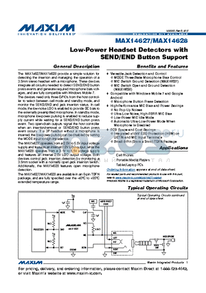 MAX14627 datasheet - Low-Power Headset Detectors with SEND/END Button Support