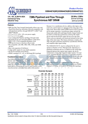 GS8644Z18 datasheet - 72Mb Pipelined and Flow Through Synchronous NBT SRAM