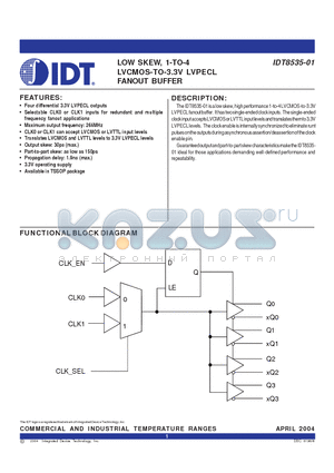 IDT8535-01 datasheet - LOW SKEW, 1-TO-4 LVCMOS-TO-3.3V LVPECL FANOUT BUFFER