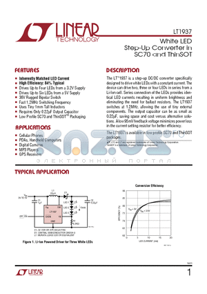 LT1937 datasheet - White LED Step-Up Converter in SC70 and ThinSOT