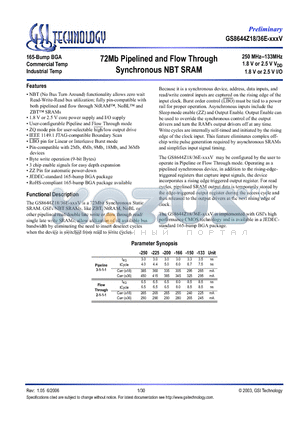 GS8644Z18E-166IV datasheet - 72Mb Pipelined and Flow Through Synchronous NBT SRAM