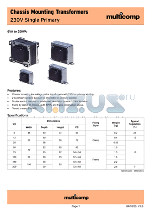 MCF/B1812F datasheet - Chassis Mounting Transformers