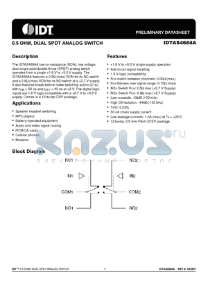 IDTAS4684A_1 datasheet - 0.5 OHM, DUAL SPDT ANALOG SWITCH