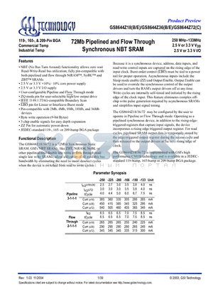 GS8644Z18E-250 datasheet - 72Mb Pipelined and Flow Through Synchronous NBT SRAM