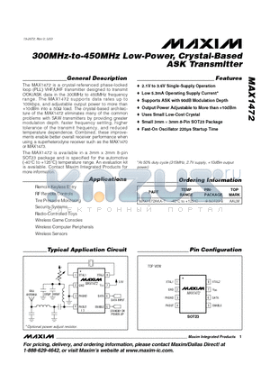 MAX1472AKA-T datasheet - 300MHz-to-450MHz Low-Power, Crystal-Based ASK Transmitter