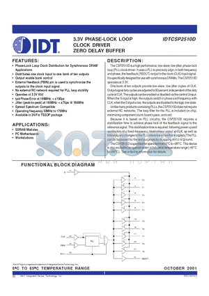 IDTCSP2510DPG datasheet - 3.3V PHASE-LOCK LOOP CLOCK DRIVER ZERO DELAY BUFFER