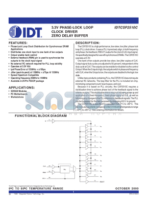 IDTCSP2510CPGI datasheet - 3.3V PHASE-LOCK LOOP CLOCK DRIVER ZERO DELAY BUFFER
