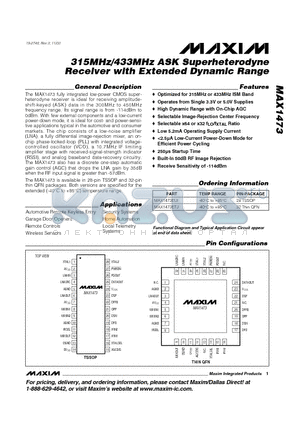 MAX1473 datasheet - 315MHz/433MHz ASK Superheterodyne Receiver with Extended Dynamic Range